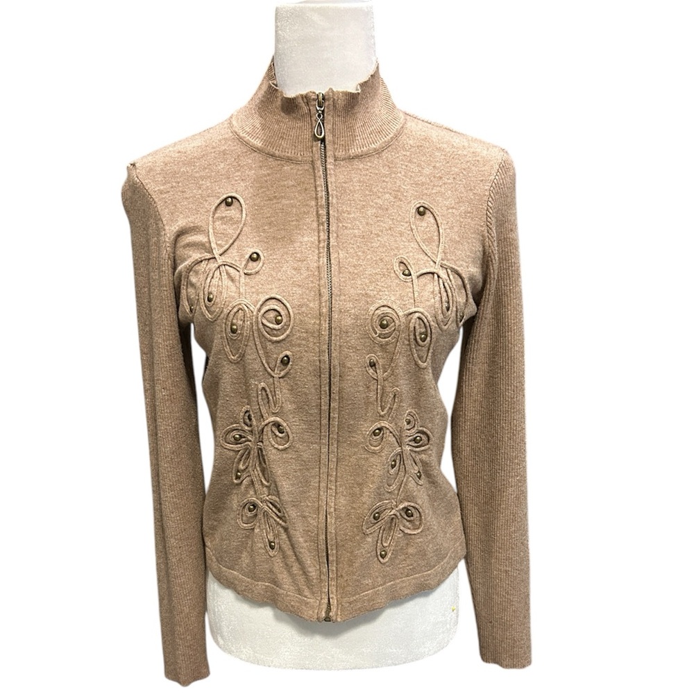 Badgley Mischka Tan Embellished Zip-Front Knit Jacket